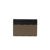 Compact black card case featuring a geometric beige and black chevron pattern on the front panel with a slim, smooth black top section.