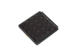 Square compact mirror with a dark maroon diamond-patterned cover and gold-toned clasp, shown closed against a white background.