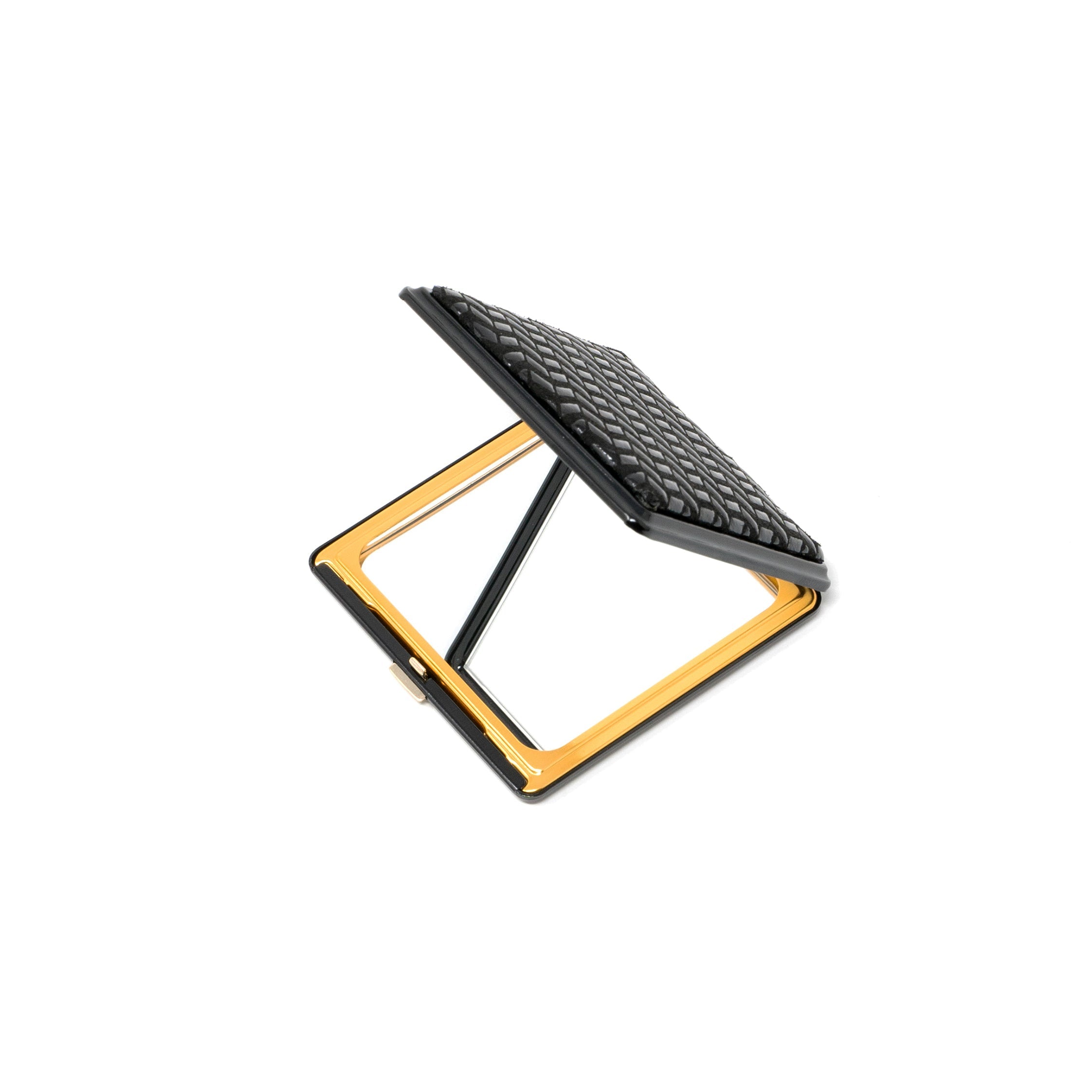 Compact double-faced mirror with black deer skin and Chevron pattern by Inden