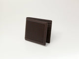 Dark brown folded wallet with a textured grid pattern on the front panel, shown standing slightly open on a white background.