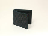 Dark green folded wallet with a woven checkered pattern on the front and visible multiple card slots inside, photographed against a plain light background.