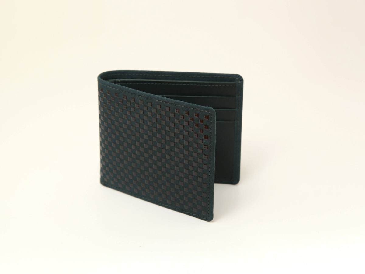 Dark green folded wallet with a woven checkered pattern on the front and visible multiple card slots inside, photographed against a plain light background.