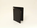 INISHIE Pass Case G black deer leather exterior with lacquer finish open view showing clear pockets