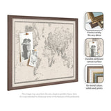 Framed fabric pinboard with vintage black and white world map print and two black and white photos pinned to it, shown with inset images of frame corners in different colors.