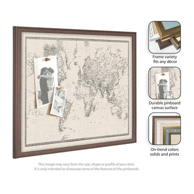 Framed Fabric Pinboard Vintage Black and White Linen World Map Wall Organization