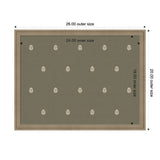 Rectangular green pinboard with a light wood frame, featuring a pattern of evenly spaced small white botanical block prints and measurement labels on outer and inner edges.