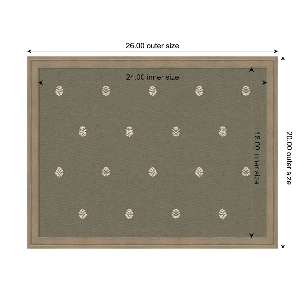Rectangular green pinboard with a light wood frame, featuring a pattern of evenly spaced small white botanical block prints and measurement labels on outer and inner edges.