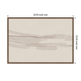 Abstract canvas art with horizontal soft beige and taupe brushstrokes on a light cream background, framed in a thin dark wooden frame, measuring 33 by 23 inches.