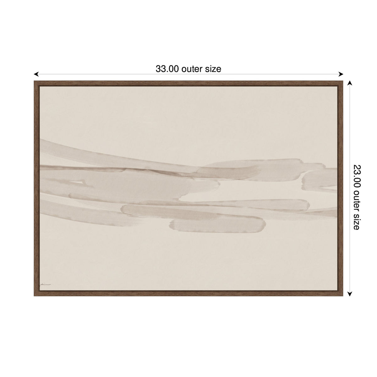 Abstract canvas art with horizontal soft beige and taupe brushstrokes on a light cream background, framed in a thin dark wooden frame, measuring 33 by 23 inches.