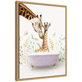 Framed floating canvas of mother and baby giraffe in a spring bathtub by Amy Peterson