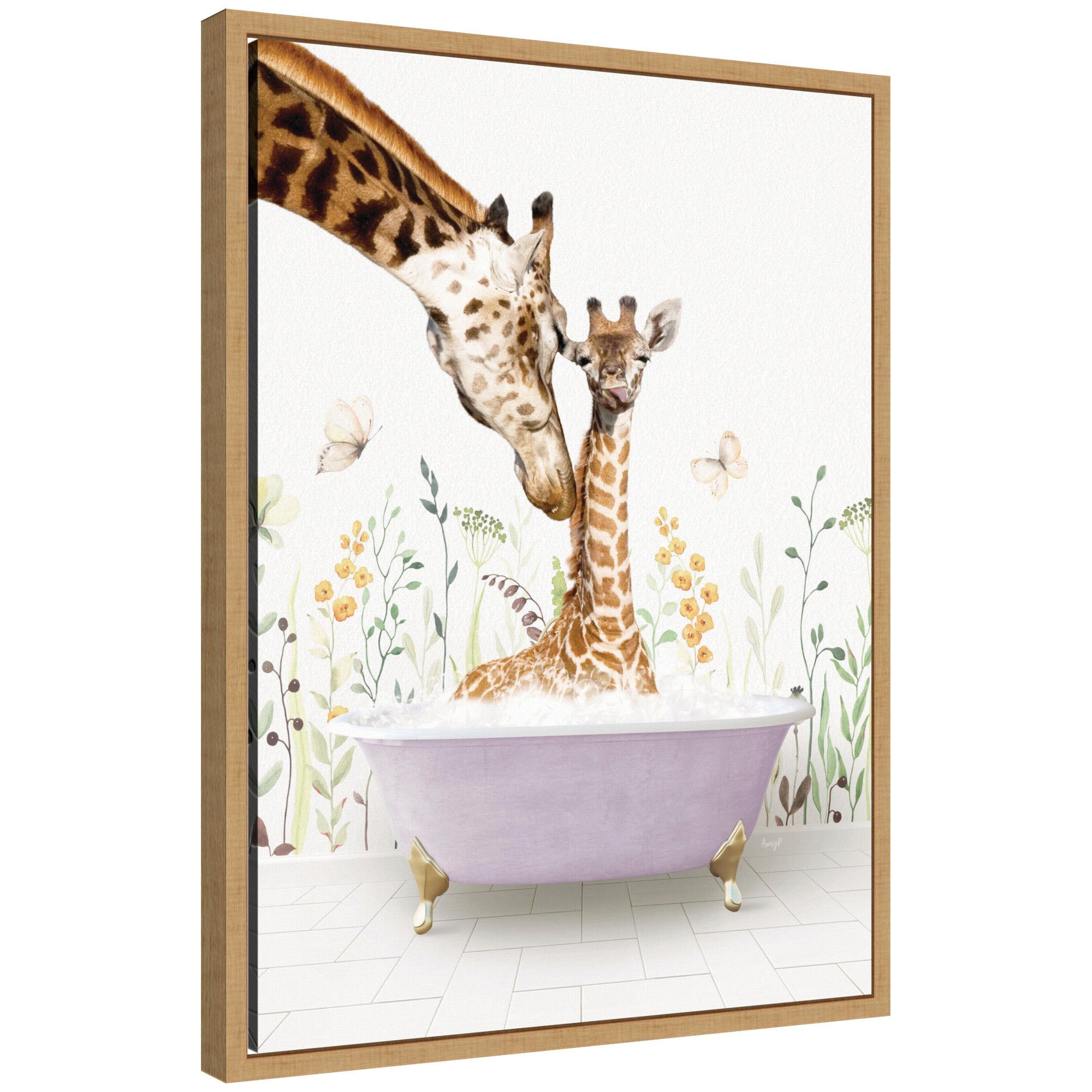 Framed floating canvas of mother and baby giraffe in a spring bathtub by Amy Peterson