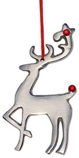 Silver-tone reindeer ornament with a red nose and a red gem on one antler, hanging from a red cord.