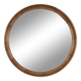 Round wall mirror with a segmented medium-brown wooden frame and a smooth reflective glass surface.