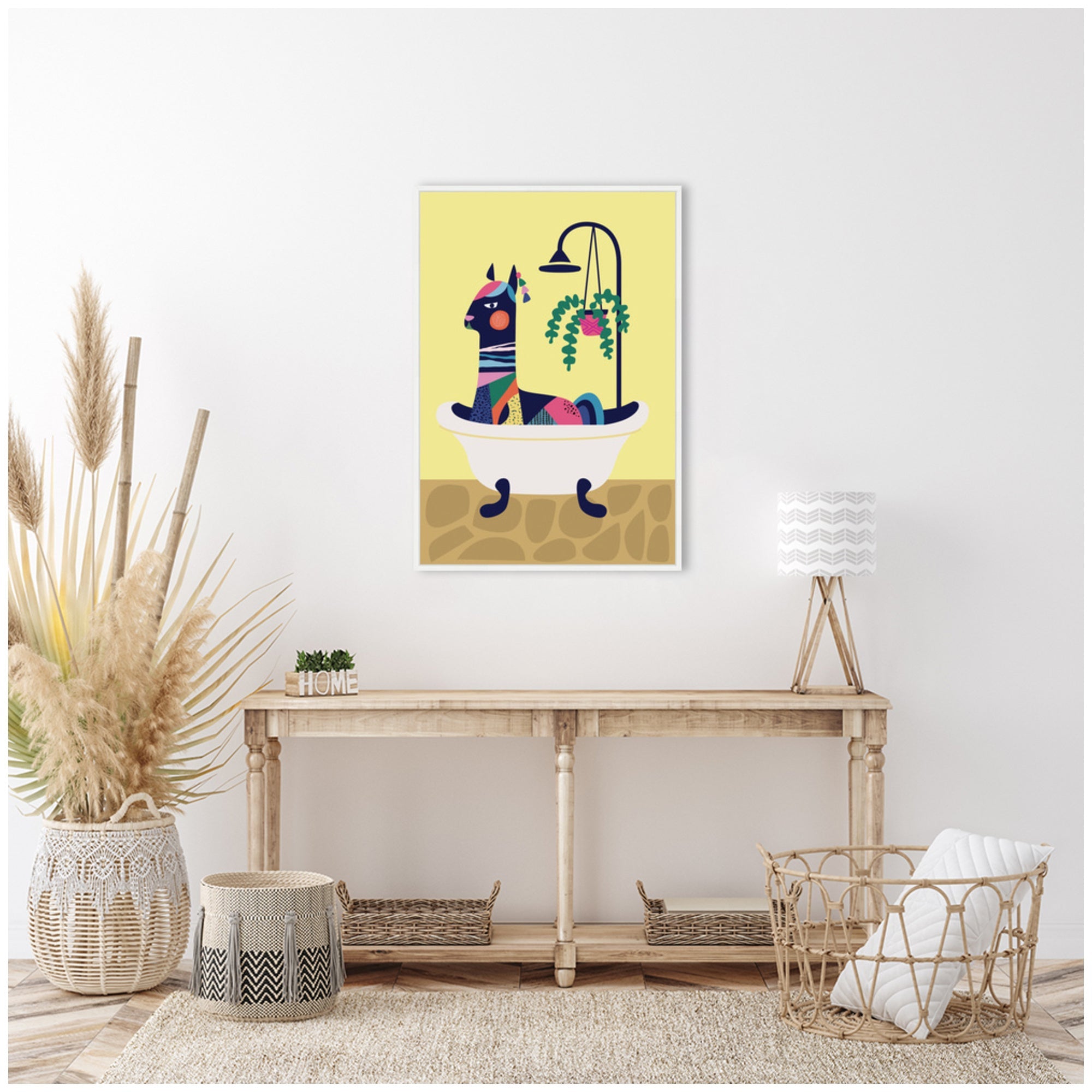 Sylvie Modern Yellow Llama in Bathtub Framed Canvas by Rachel Lee