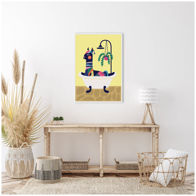 Sylvie Modern Yellow Llama in Bathtub Framed Canvas by Rachel Lee