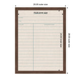 Rectangular framed linen pinboard mimicking a library card with brown wooden frame and printed blue lines and text for author, title, due date, and borrower's name, with size dimensions.