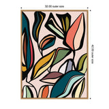 Abstract art print featuring a variety of stylized ficus leaves in bold colors like teal, orange, mustard, and green on a soft pink background, framed in light wood.