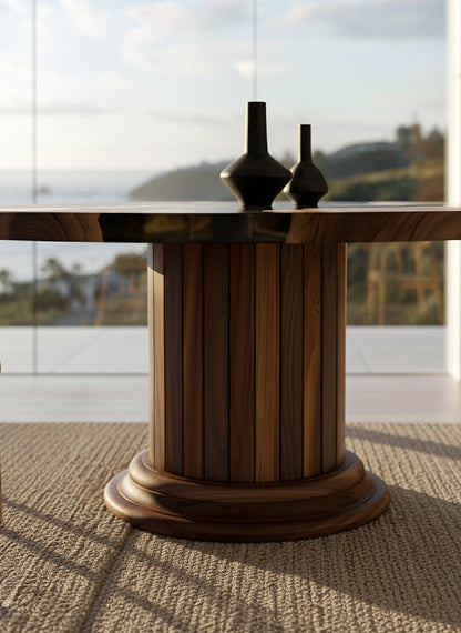 Handcrafted round dining table with walnut wood top and solid wood drum pedestal base featuring custom epoxy resin inlay