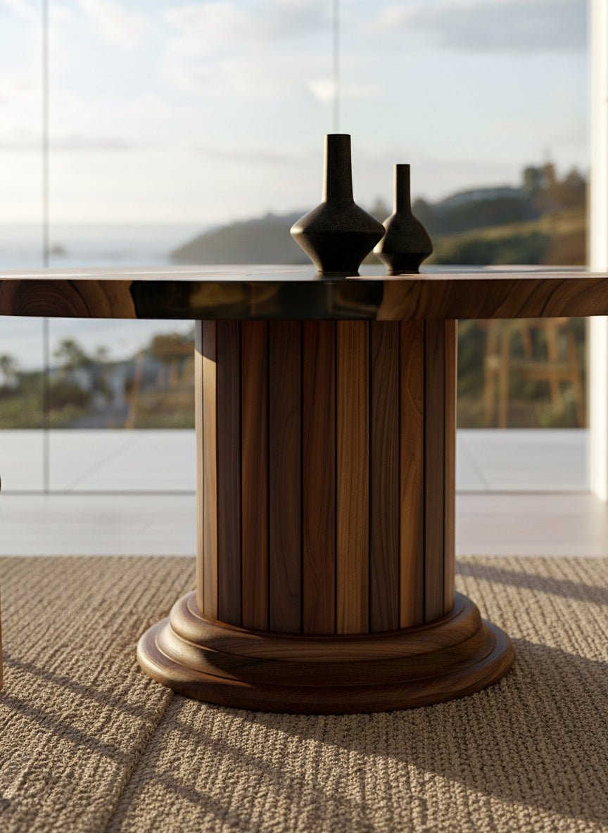 Handcrafted round dining table with walnut wood top and solid wood drum pedestal base featuring custom epoxy resin inlay