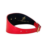 Wide collar with red-orange snake skin texture and black inner lining, featuring a gold-tone buckle and small gold logo stamped inside.