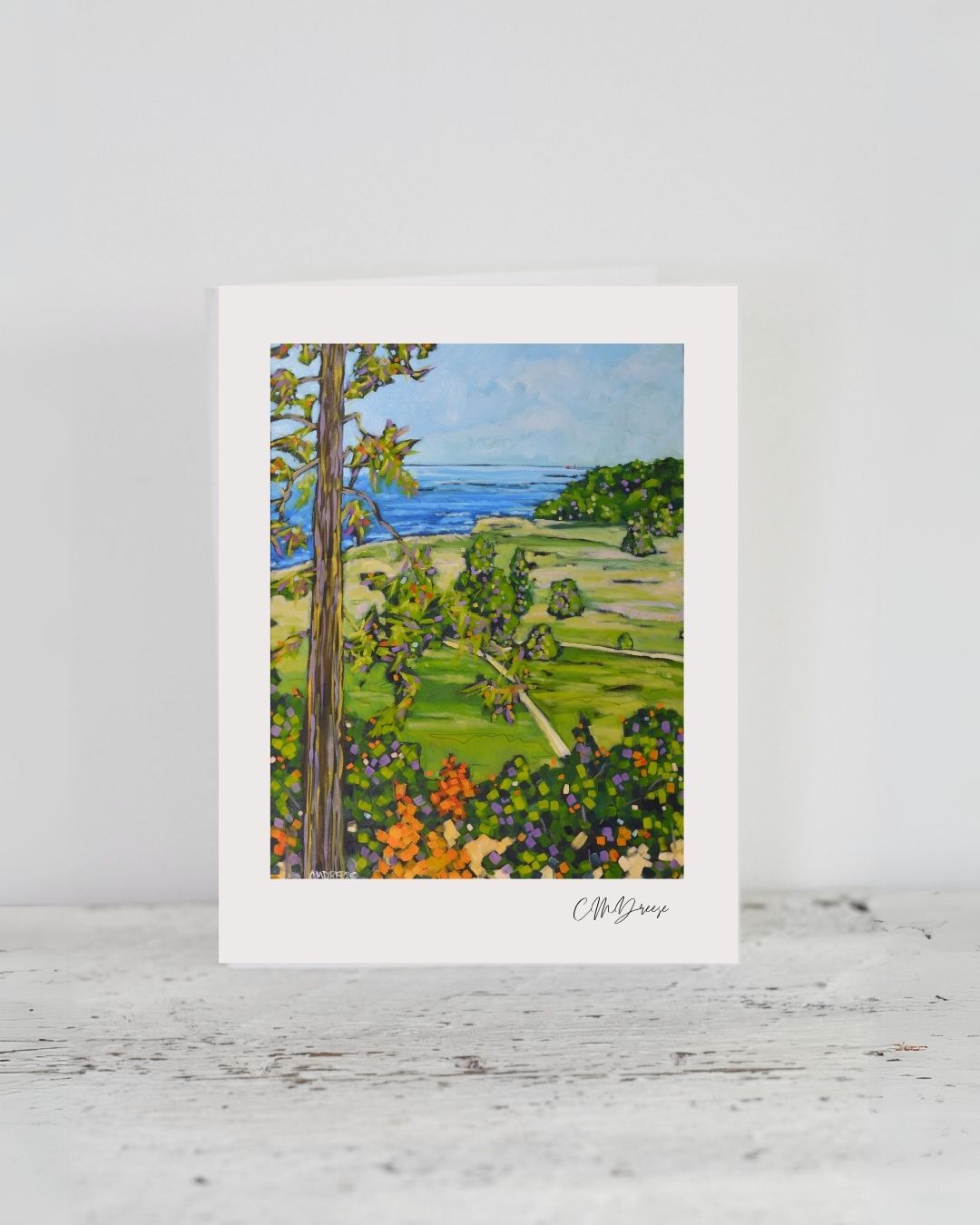 Photograph of Notecard - On the Bluffs Overlooking Lake Michigan showing textured white linen card with coastal imagery in soft colors.