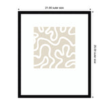 Abstract beige and white organic shapes forming a flowing pattern centered within a white mat and black rectangular frame, labeled 21 by 25 inches outer size.