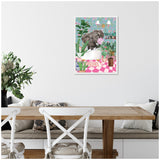 Framed print of an elephant blowing a pink bubblegum bubble in a colorful bathroom filled with patterned pink tiles and green plants.