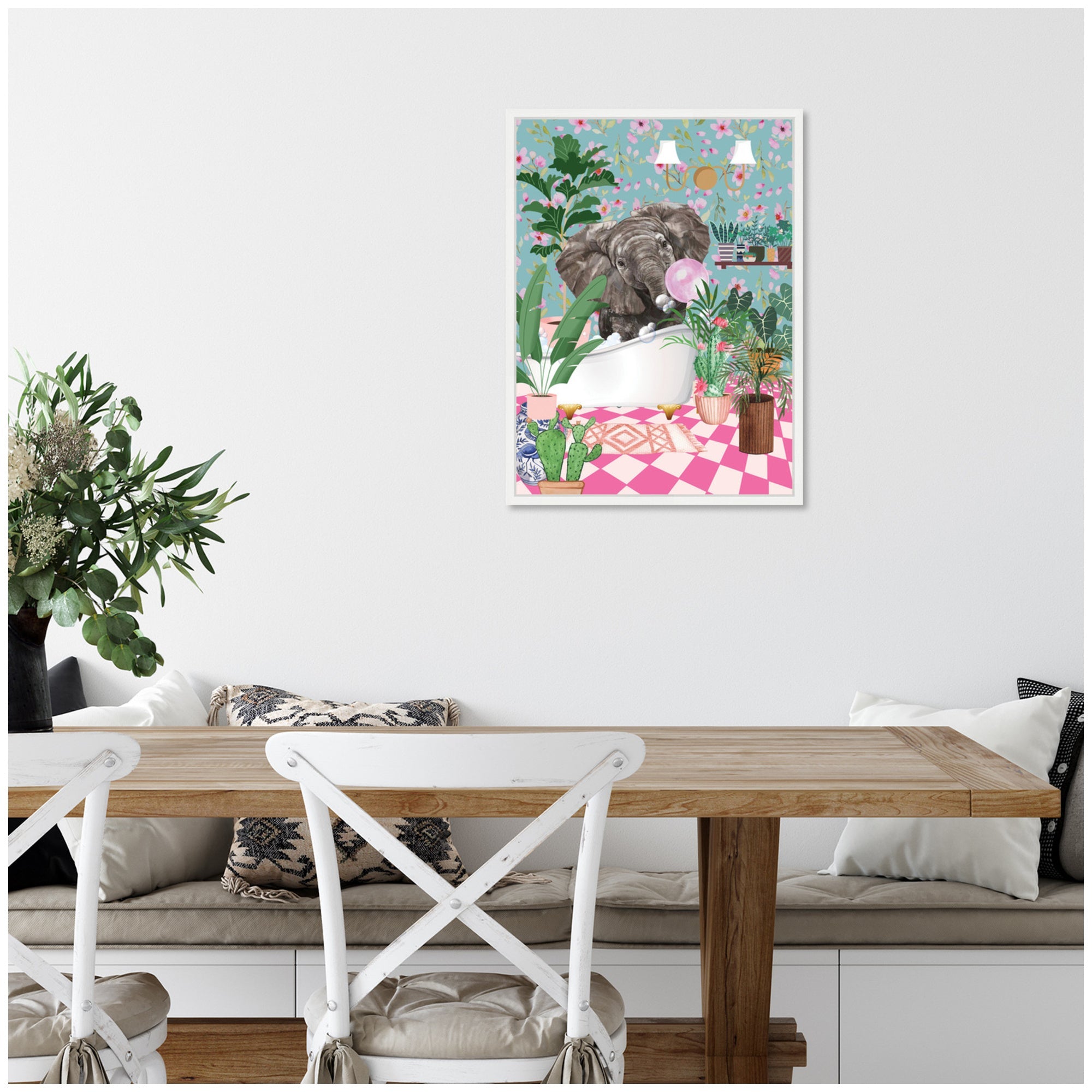 Sylvie Maximalist Bathroom Elephant Bubblegum Framed Canvas by Honey Island Studio