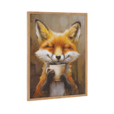 Illustration of a smiling fox holding a white coffee cup with closed eyes, framed with a light wood frame on a muted brown background.