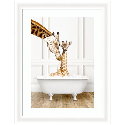 Framed wall art print of mother and baby giraffe in a traditional vintage bathtub