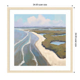 Aerial coastal landscape painting by Mary Sparrow showing a curving sandy beach bordered by ocean waves on the left and green marshland with a small pond on the right, under a cloudy sky.