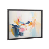 Abstract coastal print with soft brushstrokes in blue, pink, yellow, and orange tones framed in a dark rectangular frame.