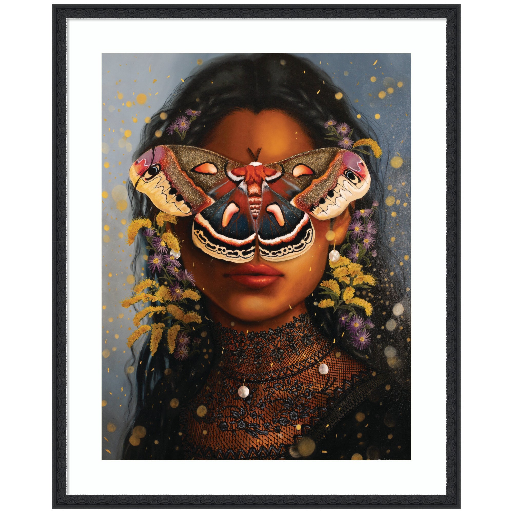 Framed wall art print titled Asters and Goldenrod by Charlotte Brindley featuring floral imagery, in a black frame positioned on a beige wall.