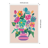 Abstract floral arrangement in a striped pink and purple vase with colorful flowers in teal, pink, yellow, and orange on a soft beige background with white frame.