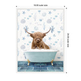 A shaggy brown Highland cow sitting in a light blue clawfoot bathtub filled with bubbles, against a white wall with pale blue seashell and starfish patterns and a dark blue tiled floor.