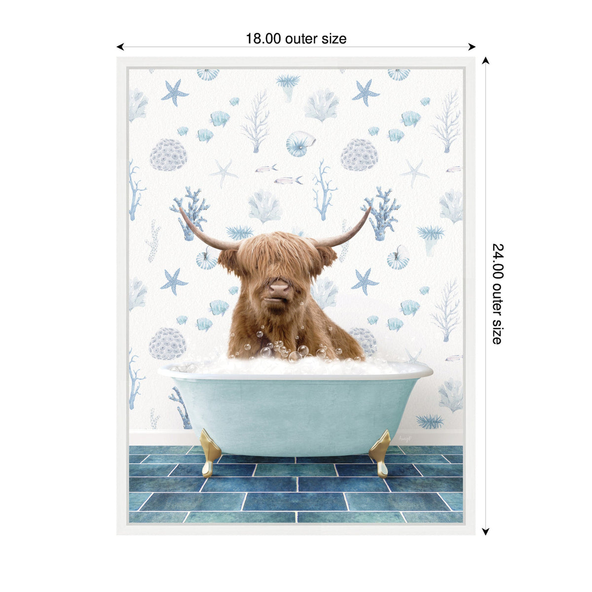 A shaggy brown Highland cow sitting in a light blue clawfoot bathtub filled with bubbles, against a white wall with pale blue seashell and starfish patterns and a dark blue tiled floor.