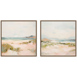 Two square framed canvas paintings featuring soft, pastel-colored abstract landscapes with light blue skies, sandy beige foregrounds, and greenish brushstrokes representing foliage.
