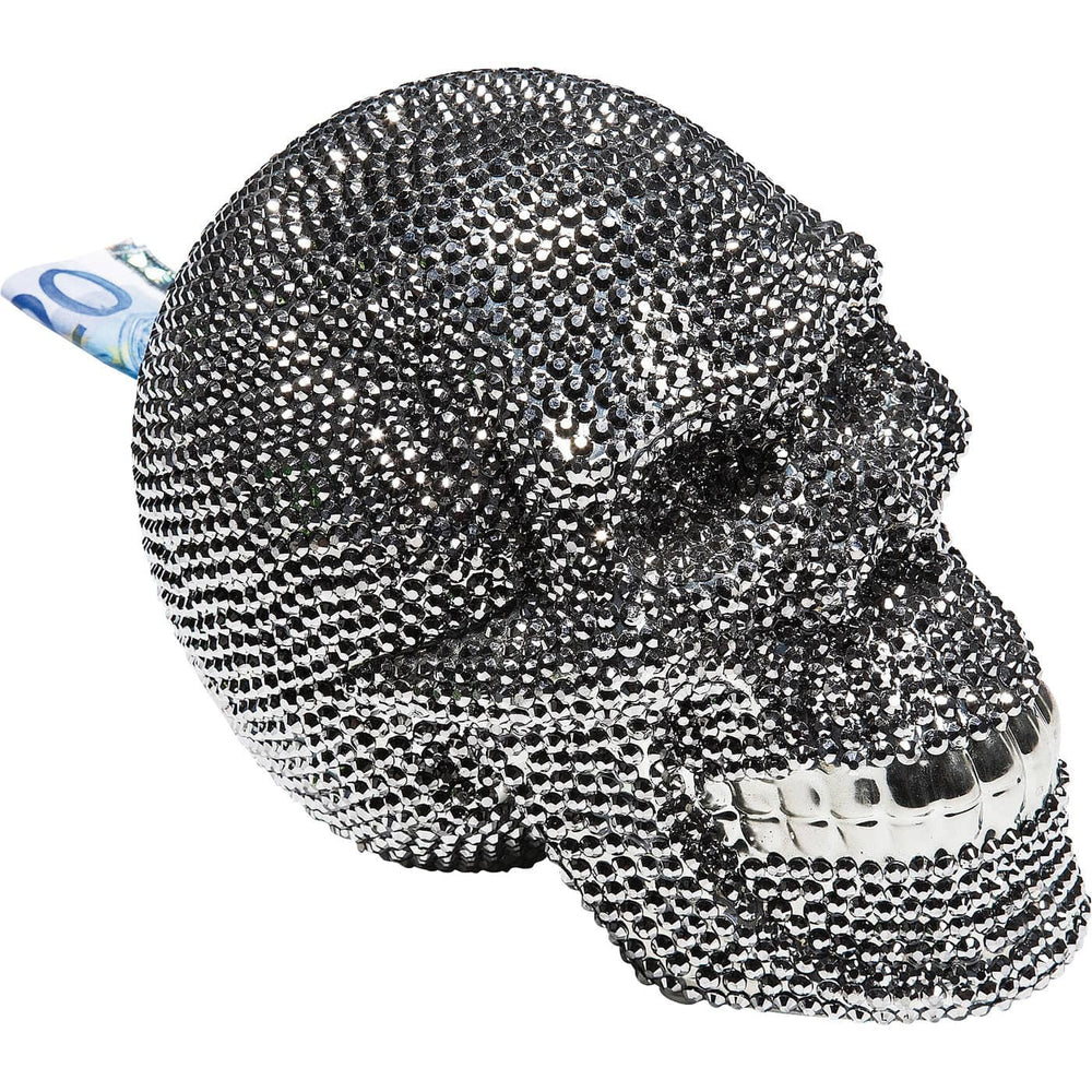Money Box Skull Crystal Silver by DEKOR showing sparkling rhinestone skull with silver accents