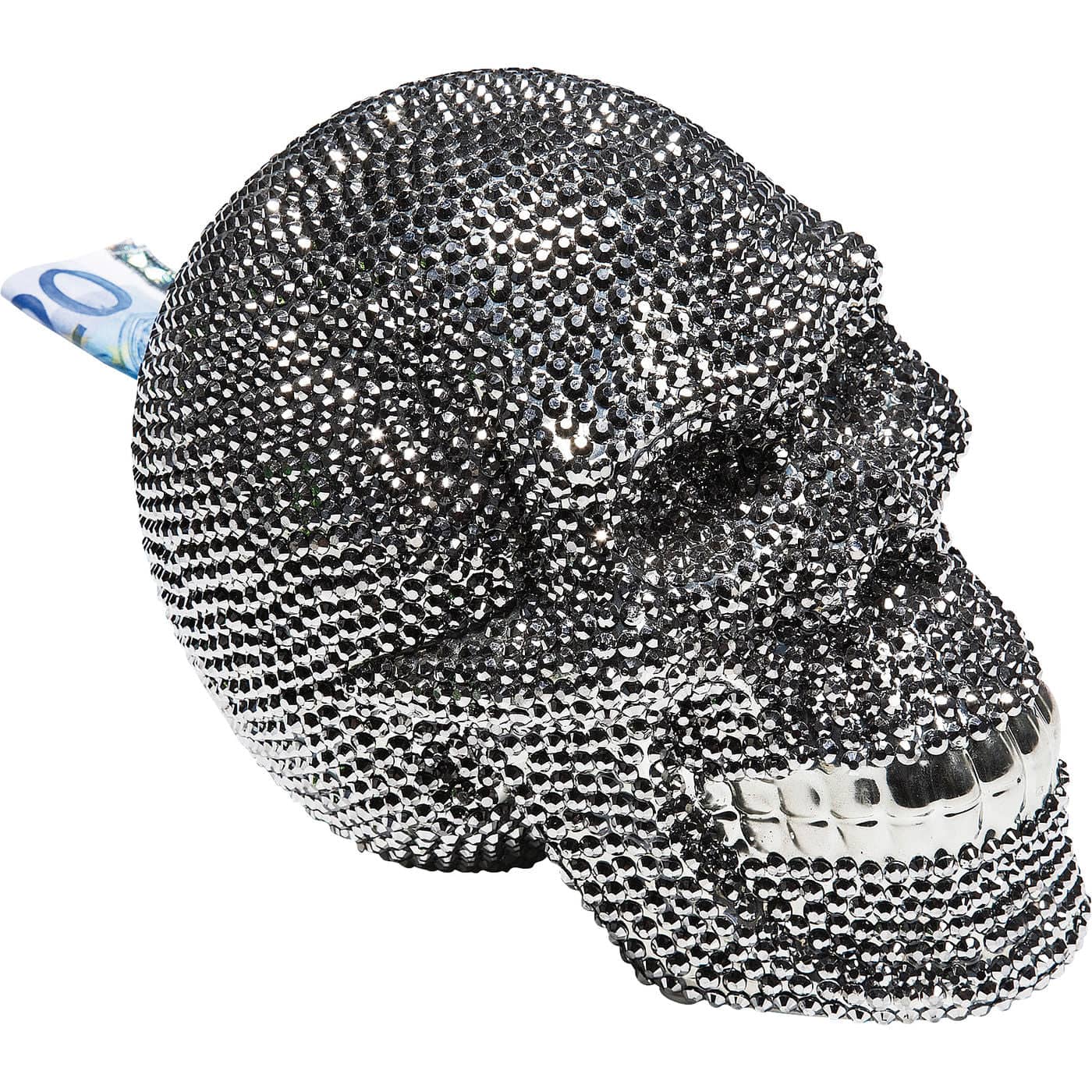 Money Box Skull Crystal Silver by DEKOR showing sparkling rhinestone skull with silver accents