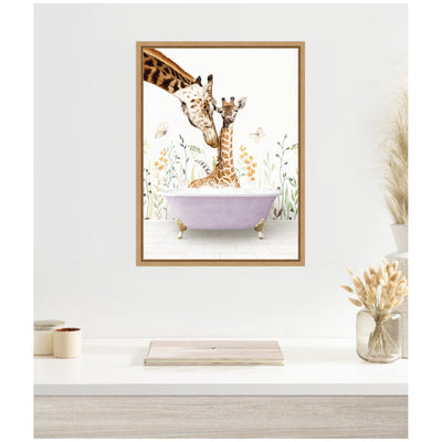 Sylvie Mother and Baby Giraffe in Spring Bathtub Framed Canvas by Amy Peterson