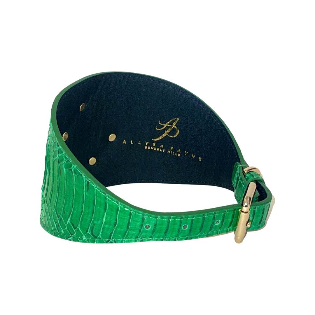 Emerald green textured snake collar with gold-tone buckle and black interior lining stamped with Allysa Payne Beverly Hills logo