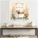 Watercolor painting of a brown Highland cow lounging inside a white clawfoot bathtub against a tiled wall with a window, flanked by potted plants.