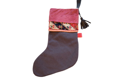 Antique Rug Fragment Stocking Fuchsia Suede