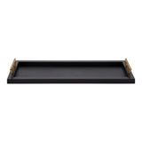 Rectangular black tray with raised edges and brushed gold metal handles on each end, shown on a white background.