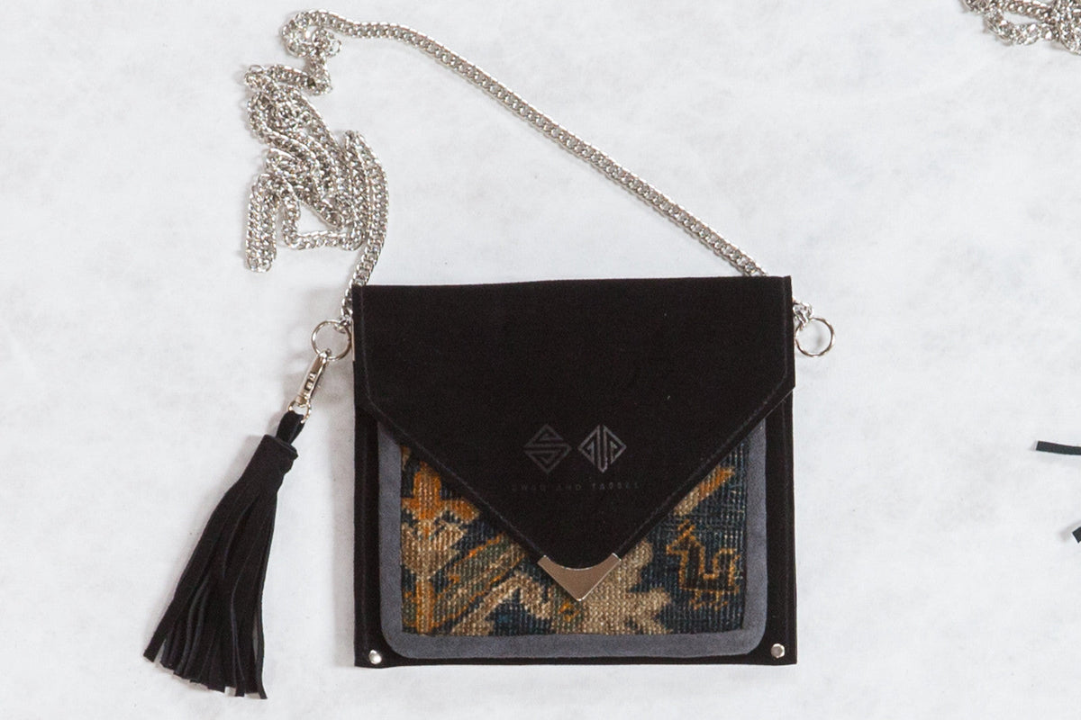 Antique Turkish Rug Fragment Bag showing antique rug pattern with a small bird, metal zipper, and metal chain