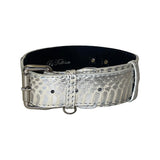 Silver snake-patterned dog collar with silver-tone classic buckle and D-ring, displayed against a white background.