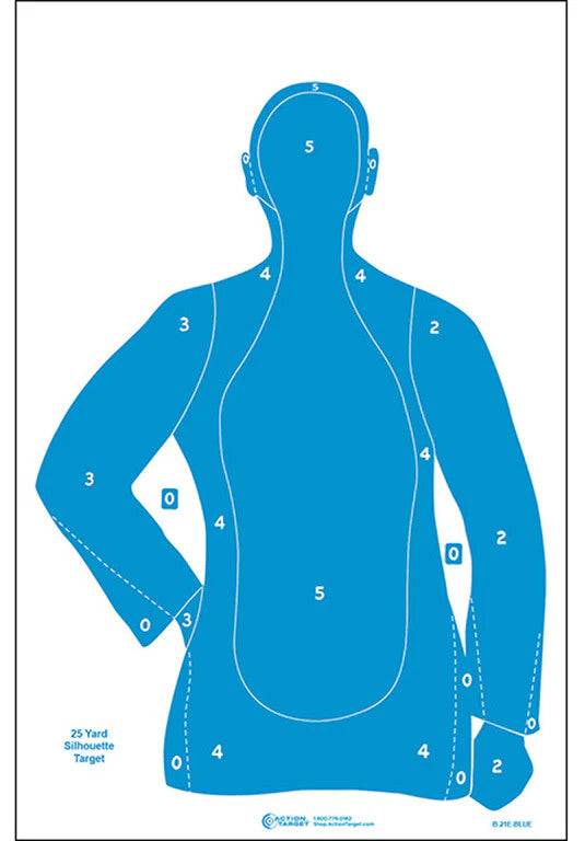 B-21-E BLUE police silhouette shooting target displayed on a beige surface