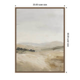 Softly blurred landscape painting with muted beige and gray tones, featuring gentle hills fading into a pale, overcast sky, framed in a textured ornate frame.