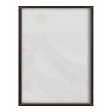 Framed glass print featuring minimalist mountain shapes in pale, muted tones with a subtle round sun or moon in the upper left corner.