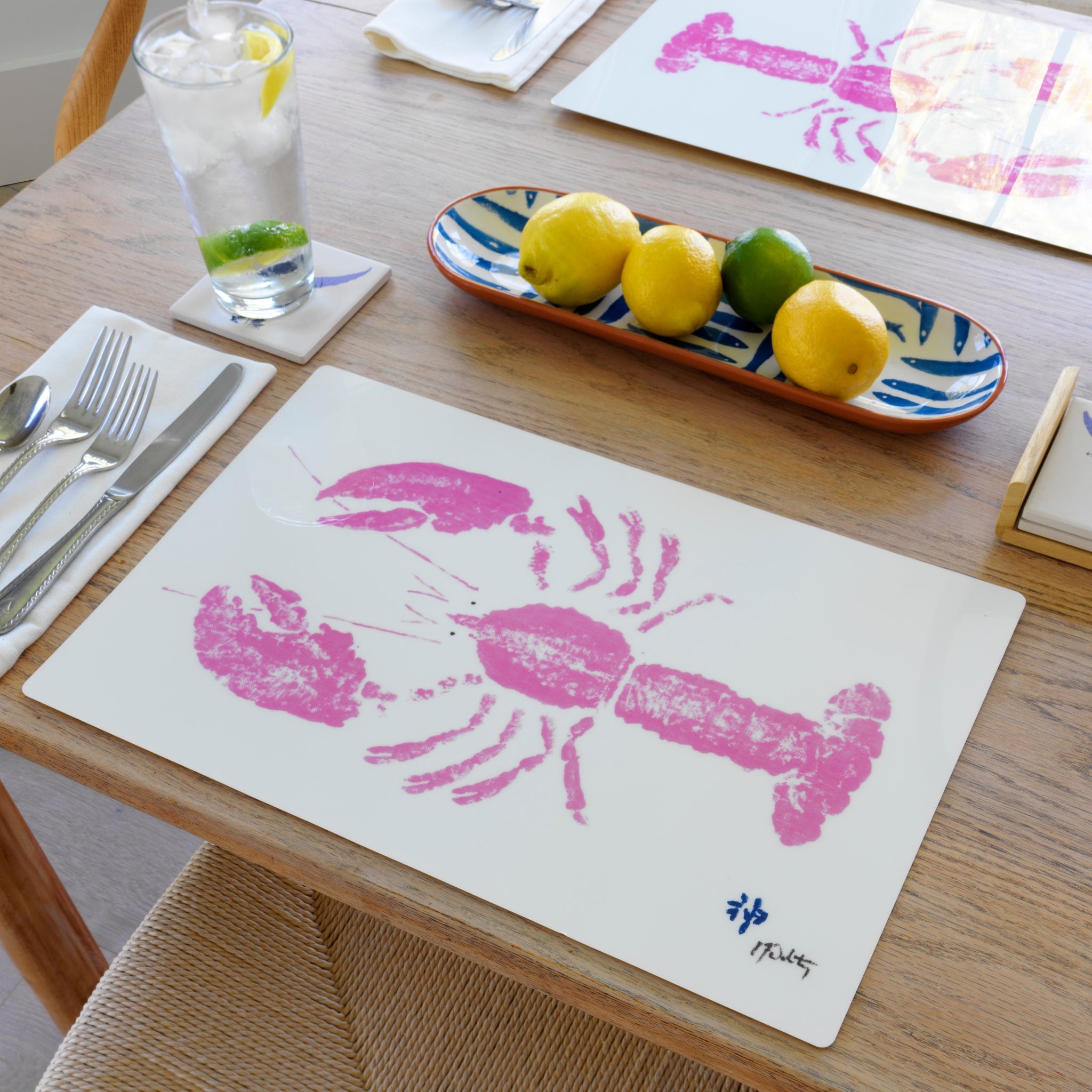 Pink Lobster Placemat featuring Gyotaku lobster artwork by Fishaye Trading Company